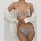 Gestreifter Neckholder-Bikini mit Metallkette zum Selbstbinden